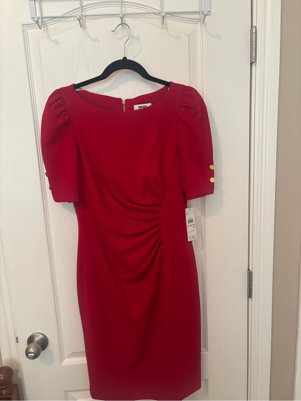 DKNY Red Midi Dress with Puff Sleeves and Gold Buttons